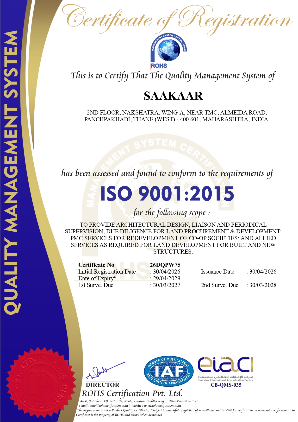 SAAKAAR ISO 9001:2015 Certificate